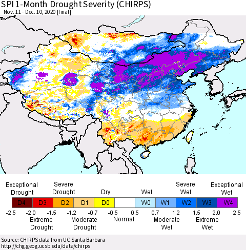 China, Mongolia and Taiwan SPI 1-Month Drought Severity (CHIRPS) Thematic Map For 11/11/2020 - 12/10/2020