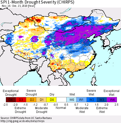 China, Mongolia and Taiwan SPI 1-Month Drought Severity (CHIRPS) Thematic Map For 11/16/2020 - 12/15/2020