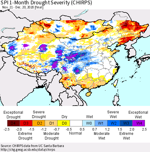 China, Mongolia and Taiwan SPI 1-Month Drought Severity (CHIRPS) Thematic Map For 11/21/2020 - 12/20/2020