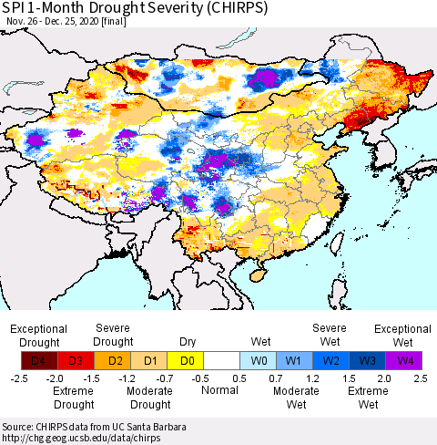 China, Mongolia and Taiwan SPI 1-Month Drought Severity (CHIRPS) Thematic Map For 11/26/2020 - 12/25/2020
