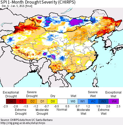 China, Mongolia and Taiwan SPI 1-Month Drought Severity (CHIRPS) Thematic Map For 12/6/2020 - 1/5/2021