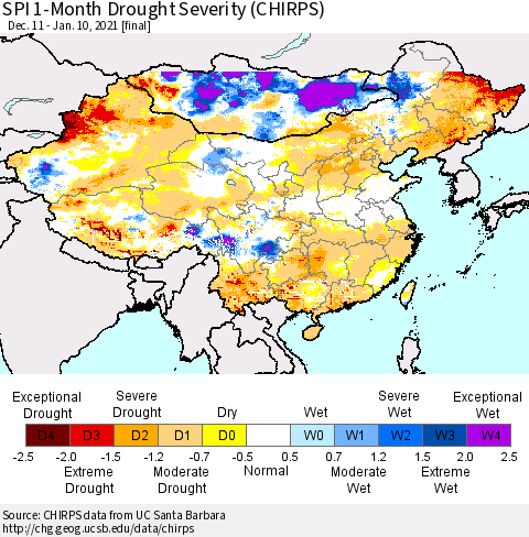 China, Mongolia and Taiwan SPI 1-Month Drought Severity (CHIRPS) Thematic Map For 12/11/2020 - 1/10/2021