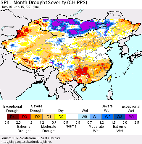 China, Mongolia and Taiwan SPI 1-Month Drought Severity (CHIRPS) Thematic Map For 12/16/2020 - 1/15/2021
