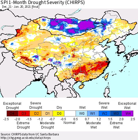 China, Mongolia and Taiwan SPI 1-Month Drought Severity (CHIRPS) Thematic Map For 12/21/2020 - 1/20/2021