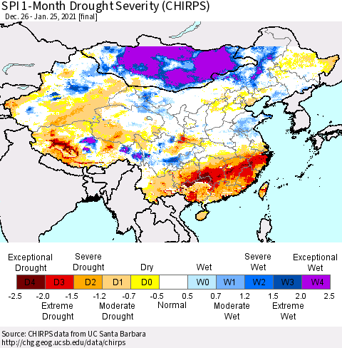 China, Mongolia and Taiwan SPI 1-Month Drought Severity (CHIRPS) Thematic Map For 12/26/2020 - 1/25/2021