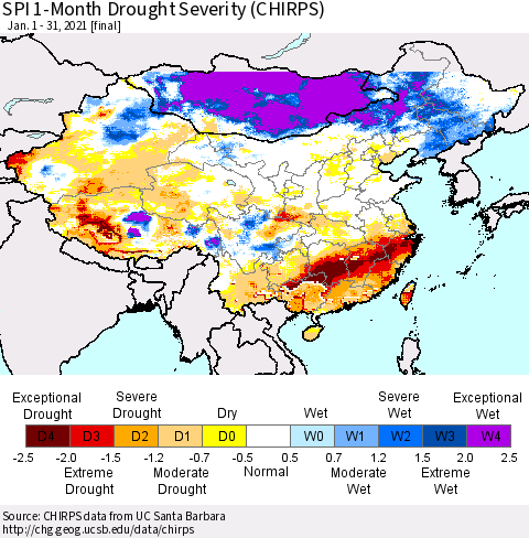 China, Mongolia and Taiwan SPI 1-Month Drought Severity (CHIRPS) Thematic Map For 1/1/2021 - 1/31/2021
