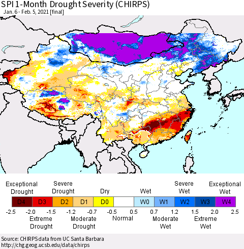 China, Mongolia and Taiwan SPI 1-Month Drought Severity (CHIRPS) Thematic Map For 1/6/2021 - 2/5/2021