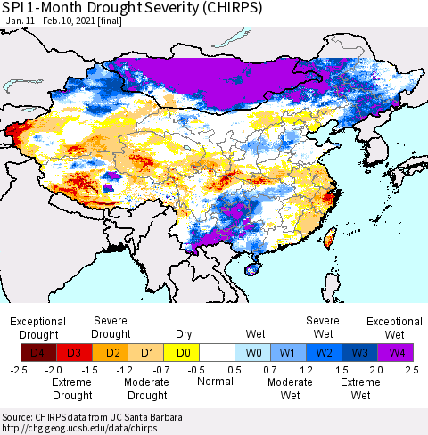 China, Mongolia and Taiwan SPI 1-Month Drought Severity (CHIRPS) Thematic Map For 1/11/2021 - 2/10/2021