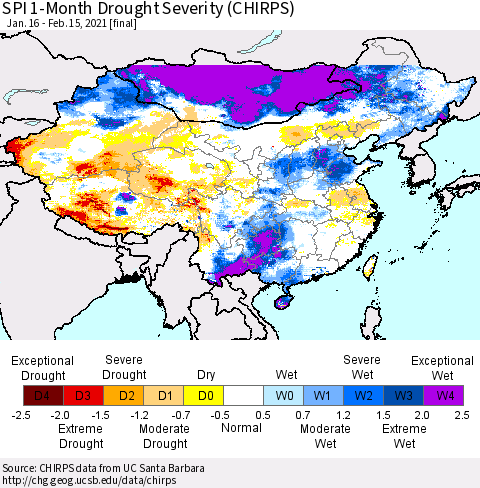 China, Mongolia and Taiwan SPI 1-Month Drought Severity (CHIRPS) Thematic Map For 1/16/2021 - 2/15/2021