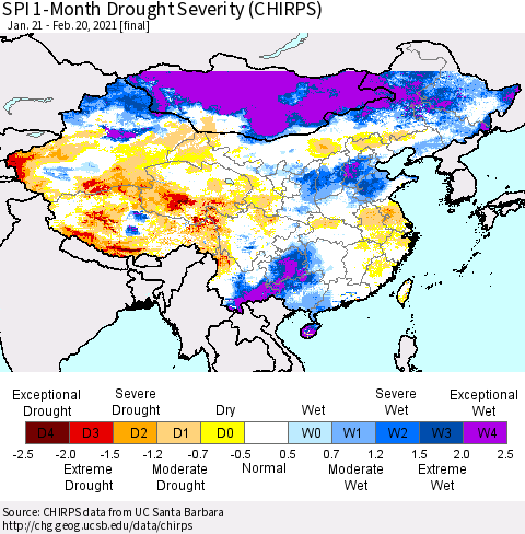 China, Mongolia and Taiwan SPI 1-Month Drought Severity (CHIRPS) Thematic Map For 1/21/2021 - 2/20/2021