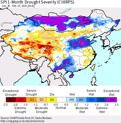 China, Mongolia and Taiwan SPI 1-Month Drought Severity (CHIRPS) Thematic Map For 1/26/2021 - 2/25/2021