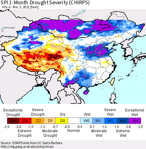 China, Mongolia and Taiwan SPI 1-Month Drought Severity (CHIRPS) Thematic Map For 2/6/2021 - 3/5/2021