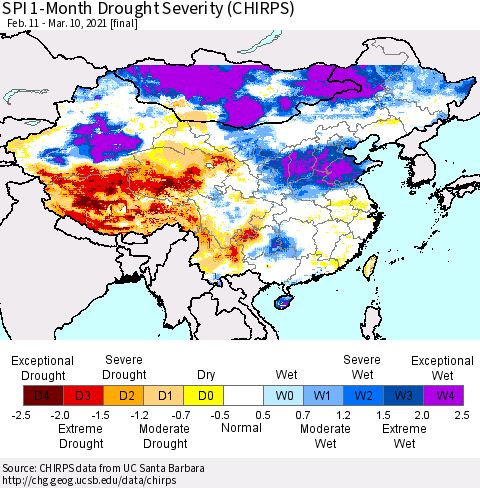 China, Mongolia and Taiwan SPI 1-Month Drought Severity (CHIRPS) Thematic Map For 2/11/2021 - 3/10/2021
