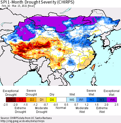 China, Mongolia and Taiwan SPI 1-Month Drought Severity (CHIRPS) Thematic Map For 2/16/2021 - 3/15/2021