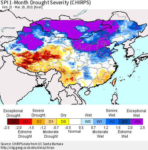 China, Mongolia and Taiwan SPI 1-Month Drought Severity (CHIRPS) Thematic Map For 2/21/2021 - 3/20/2021