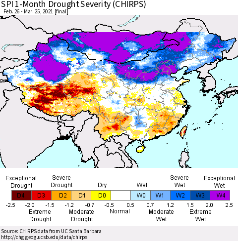 China, Mongolia and Taiwan SPI 1-Month Drought Severity (CHIRPS) Thematic Map For 2/26/2021 - 3/25/2021