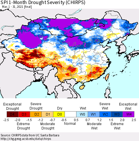 China, Mongolia and Taiwan SPI 1-Month Drought Severity (CHIRPS) Thematic Map For 3/1/2021 - 3/31/2021