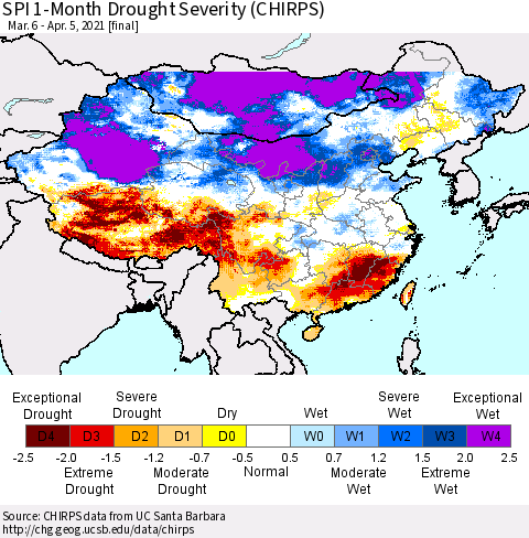 China, Mongolia and Taiwan SPI 1-Month Drought Severity (CHIRPS) Thematic Map For 3/6/2021 - 4/5/2021