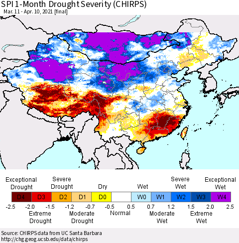 China, Mongolia and Taiwan SPI 1-Month Drought Severity (CHIRPS) Thematic Map For 3/11/2021 - 4/10/2021