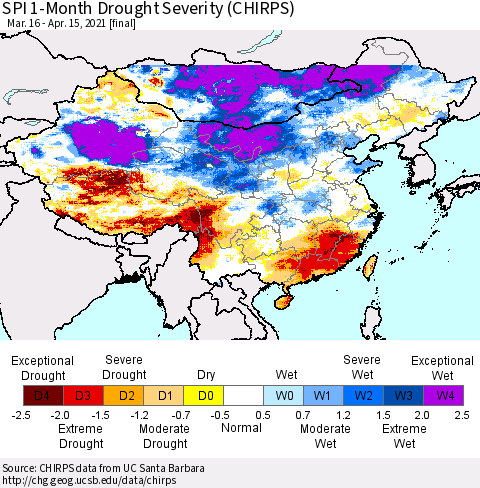 China, Mongolia and Taiwan SPI 1-Month Drought Severity (CHIRPS) Thematic Map For 3/16/2021 - 4/15/2021