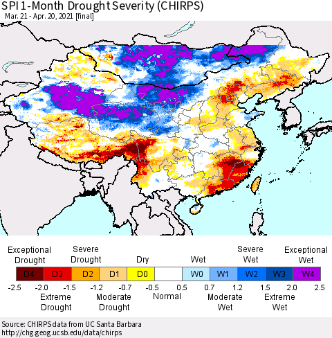 China, Mongolia and Taiwan SPI 1-Month Drought Severity (CHIRPS) Thematic Map For 3/21/2021 - 4/20/2021