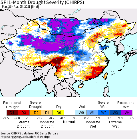 China, Mongolia and Taiwan SPI 1-Month Drought Severity (CHIRPS) Thematic Map For 3/26/2021 - 4/25/2021