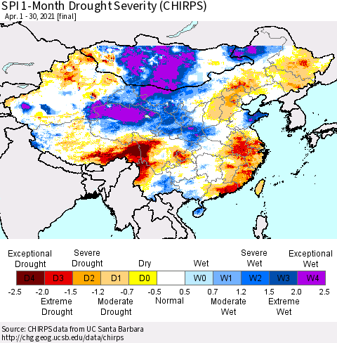 China, Mongolia and Taiwan SPI 1-Month Drought Severity (CHIRPS) Thematic Map For 4/1/2021 - 4/30/2021