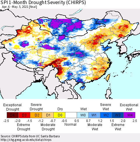 China, Mongolia and Taiwan SPI 1-Month Drought Severity (CHIRPS) Thematic Map For 4/6/2021 - 5/5/2021