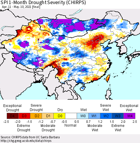 China, Mongolia and Taiwan SPI 1-Month Drought Severity (CHIRPS) Thematic Map For 4/11/2021 - 5/10/2021