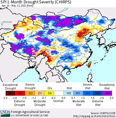 China, Mongolia and Taiwan SPI 1-Month Drought Severity (CHIRPS) Thematic Map For 4/16/2021 - 5/15/2021