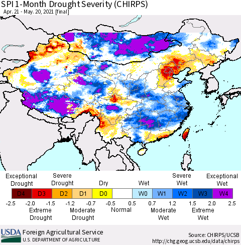 China, Mongolia and Taiwan SPI 1-Month Drought Severity (CHIRPS) Thematic Map For 4/21/2021 - 5/20/2021