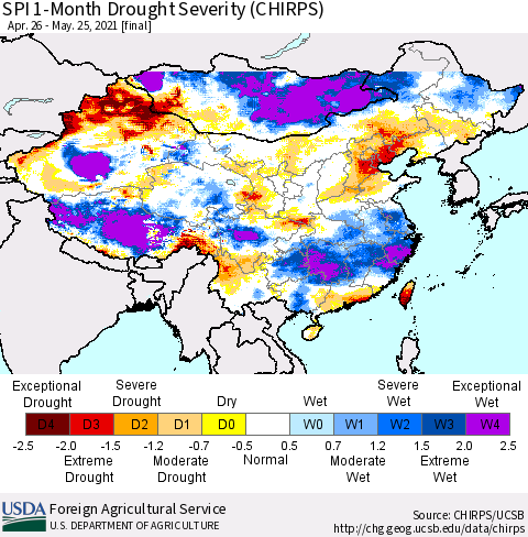 China, Mongolia and Taiwan SPI 1-Month Drought Severity (CHIRPS) Thematic Map For 4/26/2021 - 5/25/2021