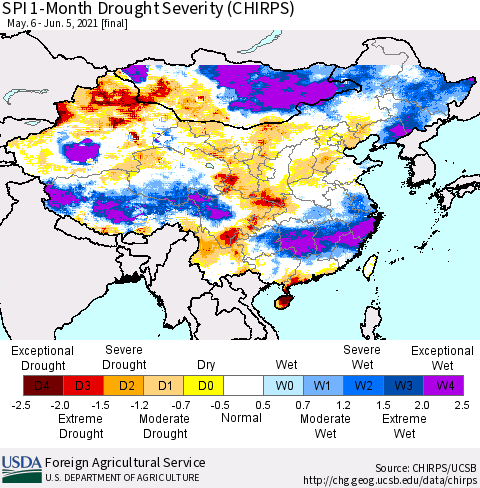 China, Mongolia and Taiwan SPI 1-Month Drought Severity (CHIRPS) Thematic Map For 5/6/2021 - 6/5/2021