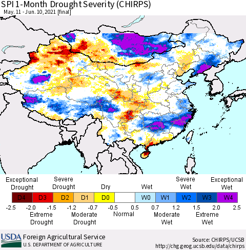 China, Mongolia and Taiwan SPI 1-Month Drought Severity (CHIRPS) Thematic Map For 5/11/2021 - 6/10/2021