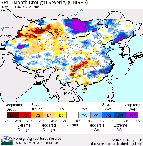 China, Mongolia and Taiwan SPI 1-Month Drought Severity (CHIRPS) Thematic Map For 5/16/2021 - 6/15/2021