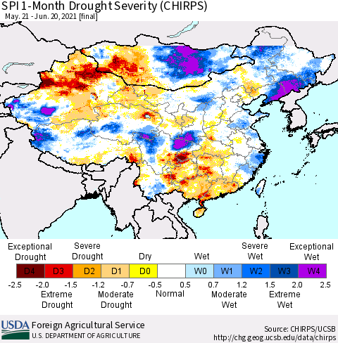 China, Mongolia and Taiwan SPI 1-Month Drought Severity (CHIRPS) Thematic Map For 5/21/2021 - 6/20/2021