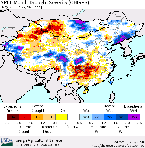 China, Mongolia and Taiwan SPI 1-Month Drought Severity (CHIRPS) Thematic Map For 5/26/2021 - 6/25/2021