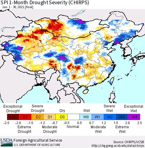 China, Mongolia and Taiwan SPI 1-Month Drought Severity (CHIRPS) Thematic Map For 6/1/2021 - 6/30/2021