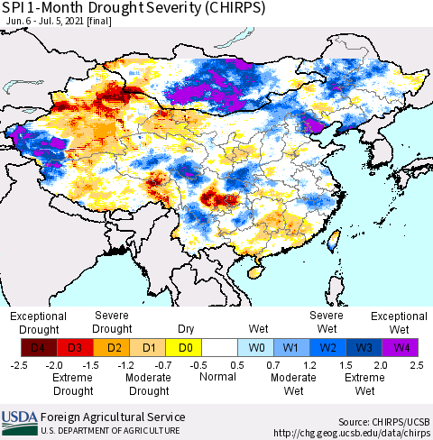 China, Mongolia and Taiwan SPI 1-Month Drought Severity (CHIRPS) Thematic Map For 6/6/2021 - 7/5/2021