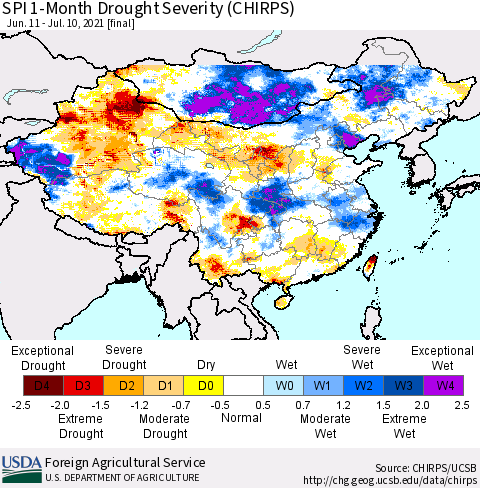 China, Mongolia and Taiwan SPI 1-Month Drought Severity (CHIRPS) Thematic Map For 6/11/2021 - 7/10/2021