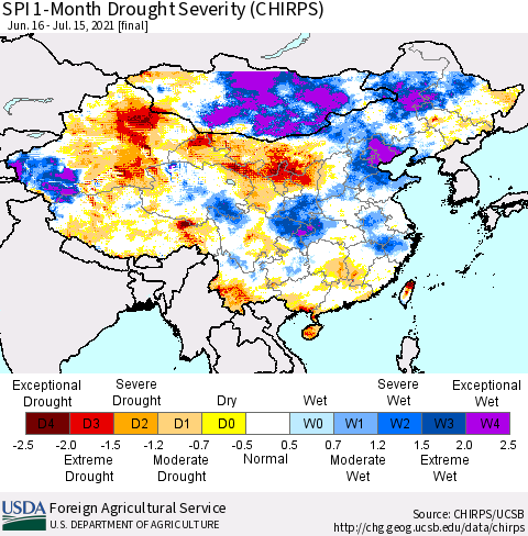 China, Mongolia and Taiwan SPI 1-Month Drought Severity (CHIRPS) Thematic Map For 6/16/2021 - 7/15/2021