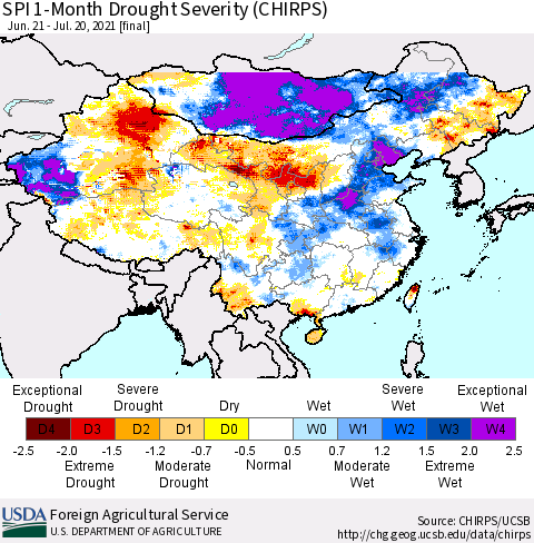 China, Mongolia and Taiwan SPI 1-Month Drought Severity (CHIRPS) Thematic Map For 6/21/2021 - 7/20/2021