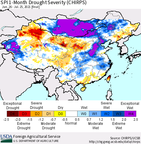 China, Mongolia and Taiwan SPI 1-Month Drought Severity (CHIRPS) Thematic Map For 6/26/2021 - 7/25/2021