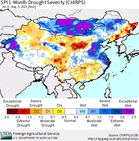 China, Mongolia and Taiwan SPI 1-Month Drought Severity (CHIRPS) Thematic Map For 7/6/2021 - 8/5/2021