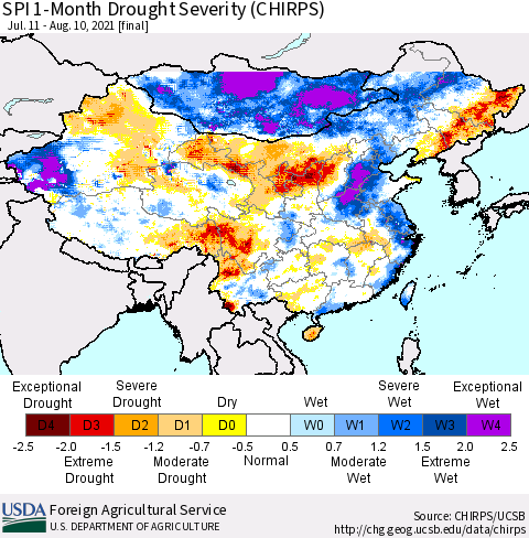 China, Mongolia and Taiwan SPI 1-Month Drought Severity (CHIRPS) Thematic Map For 7/11/2021 - 8/10/2021