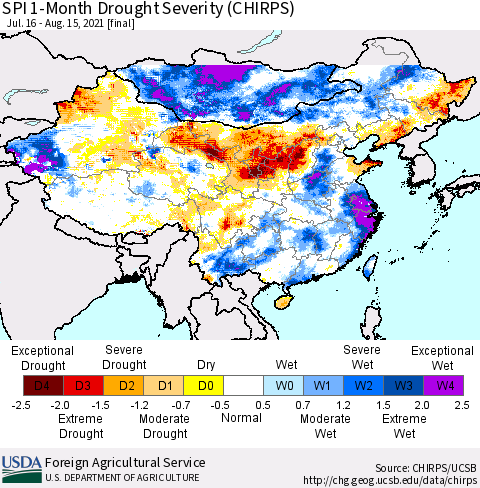 China, Mongolia and Taiwan SPI 1-Month Drought Severity (CHIRPS) Thematic Map For 7/16/2021 - 8/15/2021