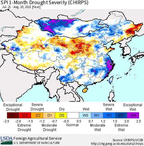 China, Mongolia and Taiwan SPI 1-Month Drought Severity (CHIRPS) Thematic Map For 7/21/2021 - 8/20/2021