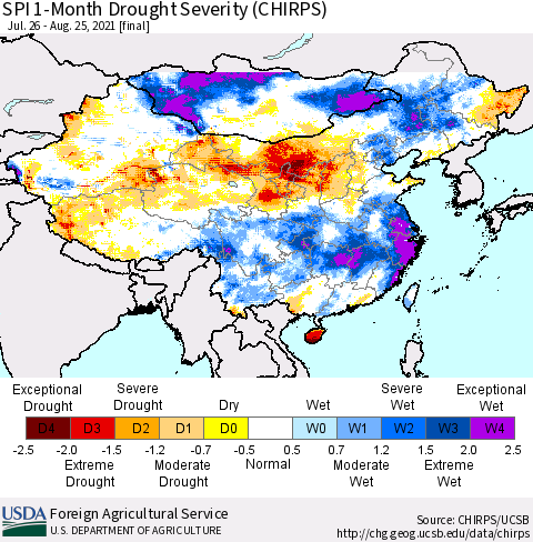 China, Mongolia and Taiwan SPI 1-Month Drought Severity (CHIRPS) Thematic Map For 7/26/2021 - 8/25/2021
