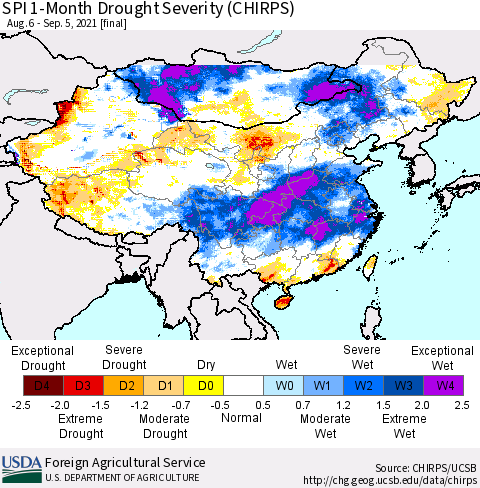 China, Mongolia and Taiwan SPI 1-Month Drought Severity (CHIRPS) Thematic Map For 8/6/2021 - 9/5/2021