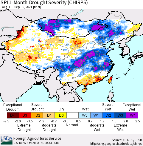 China, Mongolia and Taiwan SPI 1-Month Drought Severity (CHIRPS) Thematic Map For 8/11/2021 - 9/10/2021